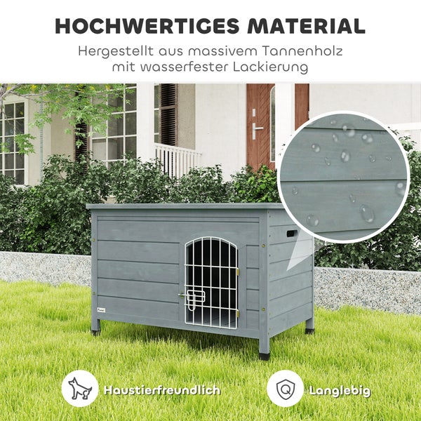 Graues Hundehaus aus massivem Tannenholz mit wasserfester Lackierung im Garten.
