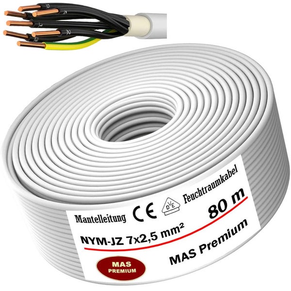 MAS Premium Mantelleitung NYM-JZ 7x2,5 Quadratmillimeter, 80 Meter Feuchtraumkabel auf Rolle, mit Detailansicht der sieben nummerierten Adern.