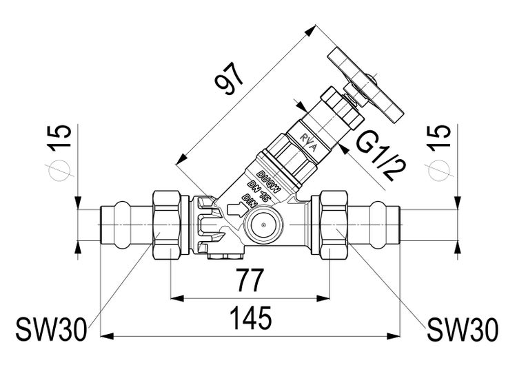 Technische Zeichnung eines KFR-Ventils Nennweite 15 mit Bemaßung: Länge 145 Millimeter, Höhe 97 Millimeter, Anschluss 15 Millimeter.