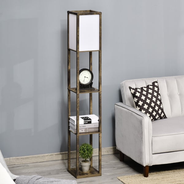 Stehlampe mit Holzregal im Wohnzimmer
