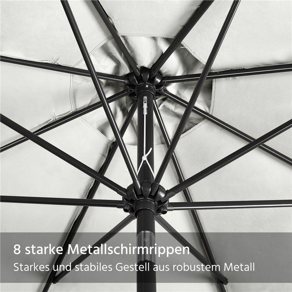 Detailansicht eines Sonnenschirms mit acht Metallrippen und robustem Metallgestell.