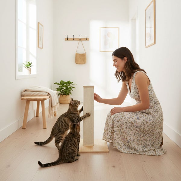 Eine Frau spielt mit zwei Katzen an einem hellen Kratzbaum aus Holz in einem modern eingerichteten, hellen Wohnraum.