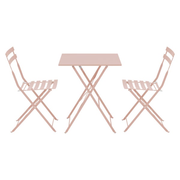 3-teiliges Bistro-Set aus Metall in Rosa, bestehend aus einem klappbaren Tisch und zwei Klappstühlen.