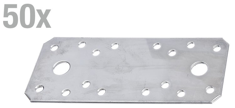 Ein Bündel von 50 Stück Lochplatten aus Metall zur Verbindung von Holzbauteilen.