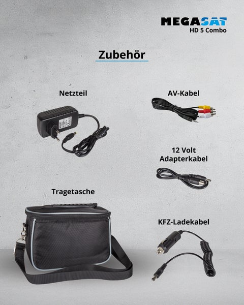 Megasat HD 5 Combo Satellitenmessgerät mit Funktionsübersicht zu Winkelberechnung, Satellitenerkennung und Konstellationsanalyse.