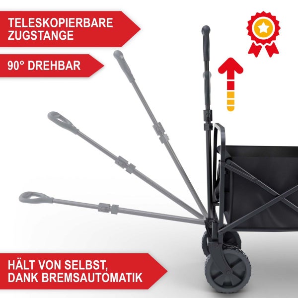 Bollerwagen-Detailansicht mit teleskopierbarer Zugstange, 90 Grad schwenkbar und automatischer Bremsfunktion.
