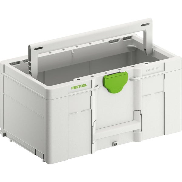 Festool Systainer Werkzeugbox mit Tragegriff, offen, grau mit grünem Verschluss.