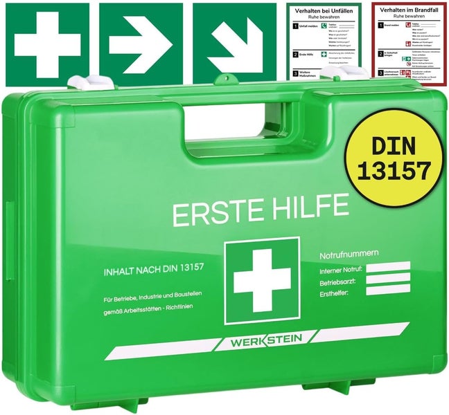 Verbandskasten Betrieb mit Inhalt nach DIN 13157 I Erste Hilfe Kasten inkl. praktischer Wandhalterung, 5x Aufkleber & Plombe I Erste Hilfe Koffer für Betriebe, Einrichtungen & Zuhause