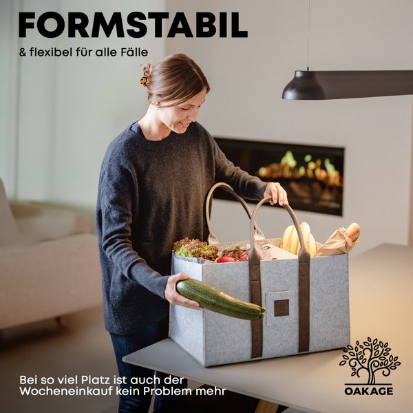 OAKAGE® DuoPack Hellgrau Holzkorb und Filzshopper - Dein Alltagsbegleiter - 50x32x30cm