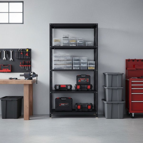 Schwarzes Metallregal in einer organisierten Werkstatt mit Werkbank, Werkzeugwand, Stapelboxen und einem roten Werkstattwagen.