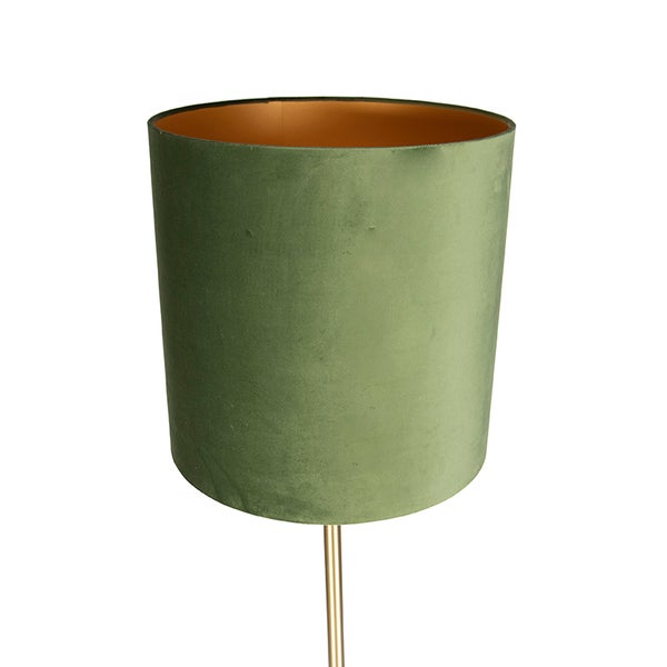 Zylindrischer Lampenschirm aus Samt in Grün mit goldfarbener Innenseite.