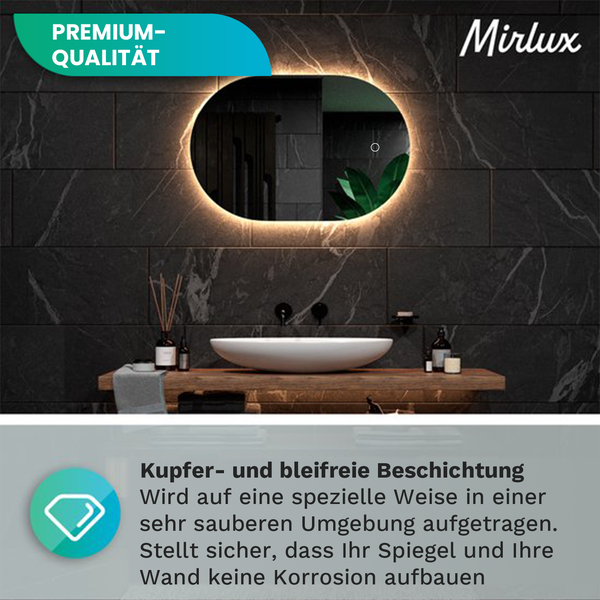 Mirlux Badezimmerspiegel mit LED Beleuchtung Wandspiegel Rund ,Anti Kondensations Duschspiegel 90X60CM