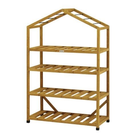 Freistehendes Holzregal mit vier Regalböden in Hausform für den Innen- und Außenbereich.