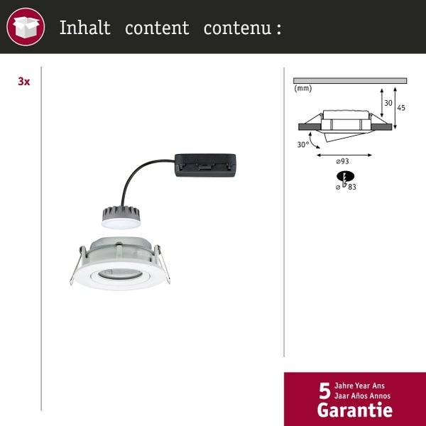 Set aus 3 Einbaustrahlern mit LED-Modul. Maßzeichnung: 93 Millimeter Durchmesser, 83 Millimeter Ausschnitt, 30 bis 45 Millimeter Tiefe, 5 Jahre Garantie.