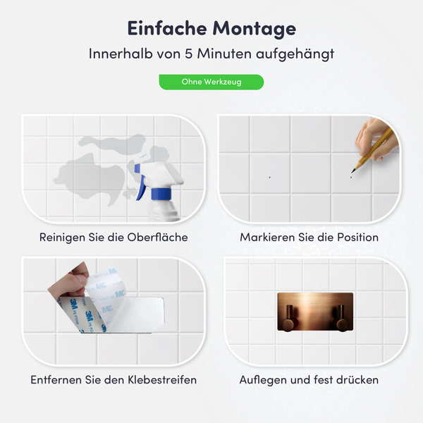 Vierstufige Anleitung zur werkzeuglosen Montage eines Wandhakens: Oberfläche reinigen, Position markieren, Klebestreifen abziehen und festdrücken.