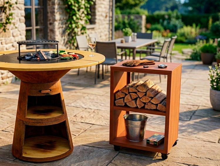 Gartenszene mit Grilltisch, Holzregal, Brennholz, Grillkohle, Gemüse und Weinglas auf einer Terrasse