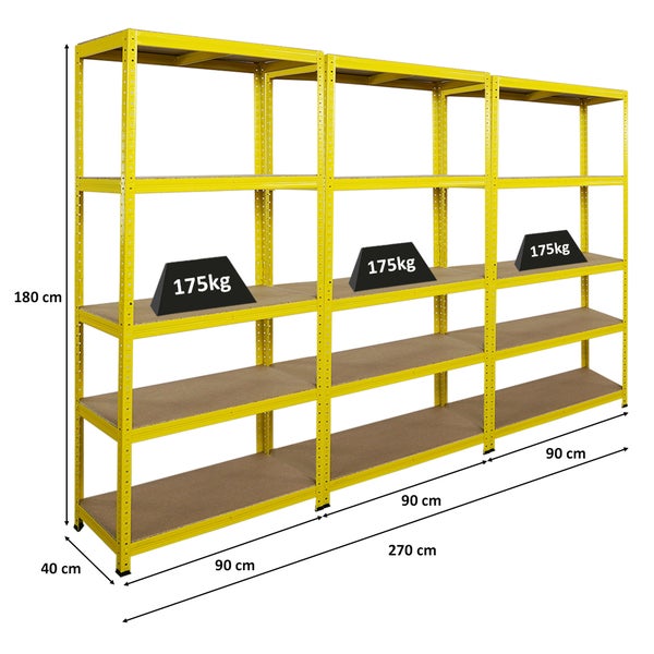 BERLINLODGE Mega Deal 3x Wohnregal YELLOW BEE, HxBxT 180x90x40cm, Fachlast 175kg, 5 Ebenen, Gelb, Bücherregal, Standregal, Büroregal