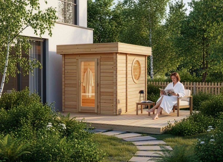 Gartensauna aus Holz mit Flachdach und Rundfenster auf einer Holzterrasse im Garten, daneben sitzt eine Frau im Bademantel auf einem Gartenstuhl.