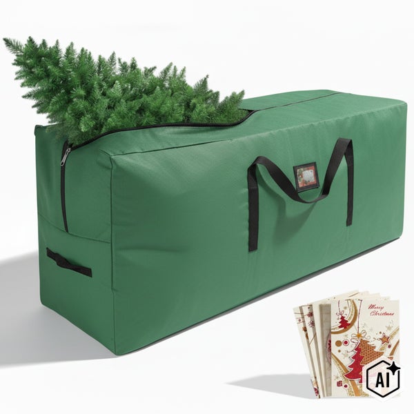Aufbewahrungstasche für künstliche Weihnachtsbäume mit Reißverschluss und Tragegriffen, inklusive Weihnachtskarten.
