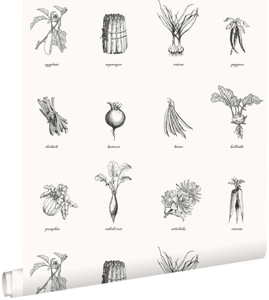 Tapete mit Gemüsezeichnungen wie Aubergine, Spargel, Zwiebeln, Paprika, Rhabarber, Rote Bete, Bohnen, Kohlrabi, Kürbis, Rettich, Artischocke und Karotten