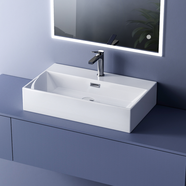 EMKE Aufsatzwaschbecken Keramik 600 x 360 mm, Glänzend Weiß, Mit Hahnloch – Eckiges Waschtisch für Aufsatz- & Wandmontage, für Badezimmer