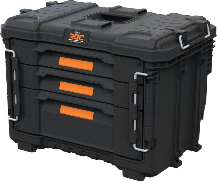 Keter Pro Gear XL Werkstattwagen mit 3 Koffern - 3 Schubladen - 64x47x79-105 cm - Schwarz
