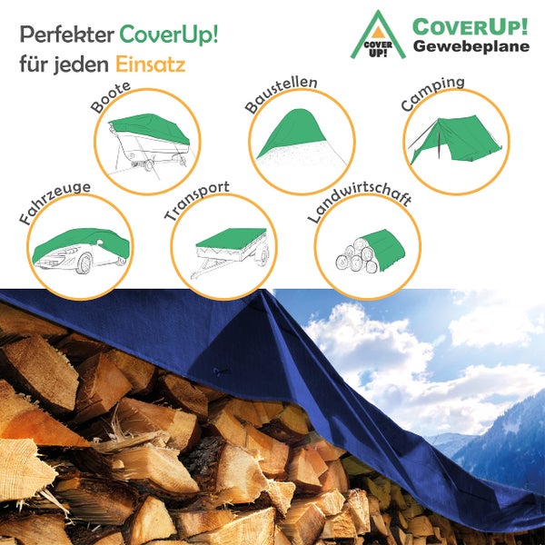 CoverUp! (4x4 m) Gewebeplane - Farbe: Blau, 200g/m² - Beständigkeit durch verstärkte Gummiecken & rostfreie Ösen - Abdeckplane bietet UV-Schutz - Plane inkl. 12 Planenspanner
