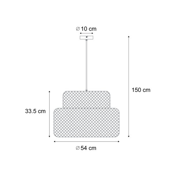 Skizze einer Hängeleuchte mit den Maßen 10 cm Durchmesser für die Deckenhalterung, 54 cm Durchmesser für den Lampenschirm, 33,5 cm Höhe des Lampenschirms und 150 cm Gesamthöhe.