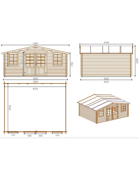Technische Zeichnung eines Gartenhauses aus Holz mit Maßen in Millimetern, Vorderansicht, Seitenansicht, Grundriss und Perspektivansicht.