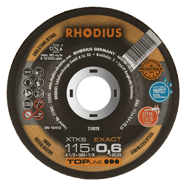 RHODIUS Trennscheibe XTK6 EXACT, 10 Stück, 115 x 0,6 x 22,23 mm für Edelstahl, Stahl, Metall, TOPline