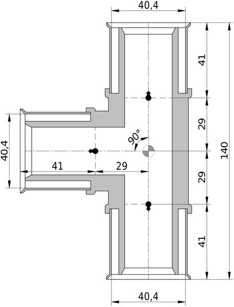 Technische Zeichnung eines T-Stücks mit detaillierten Maßangaben und einem 90 Grad Winkel.