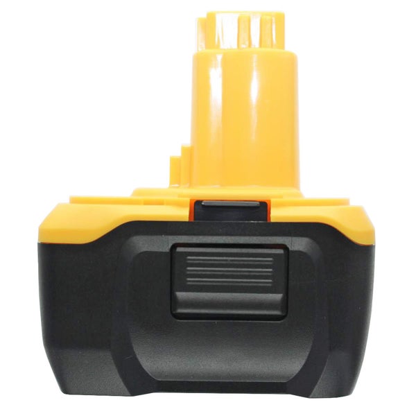 Akku für Elektrowerkzeuge in Gelb und Schwarz mit Steckanschluss.