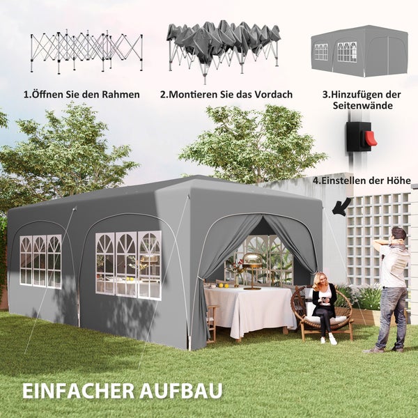 Outsunny Pavillon ca. 3x6m, wasserabweisend Stabil Winterfest Pop-up Faltpavillon, UV Schutz 50+, Faltbar Partyzelt Gartenzelt mit 6 Seitenteilen Tasche Gartenpavillon für Camping Garten, Hellgrau