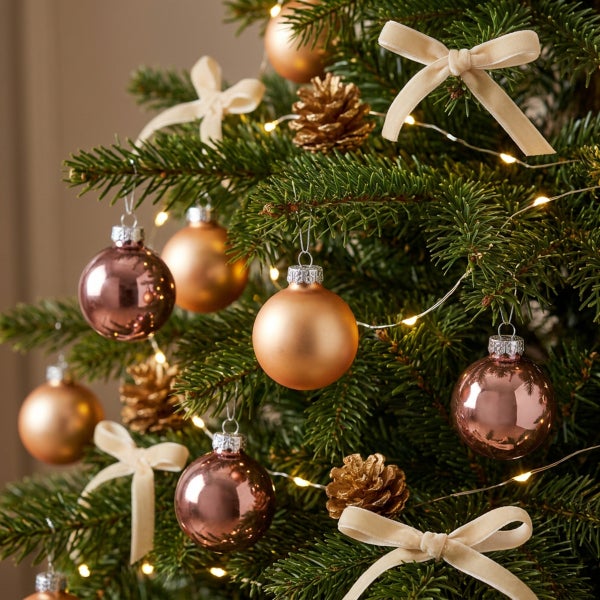 Weihnachtsbaum geschmückt mit Christbaumkugeln, Samtschleifen, Tannenzapfen und einer Lichterkette aus LED Licht