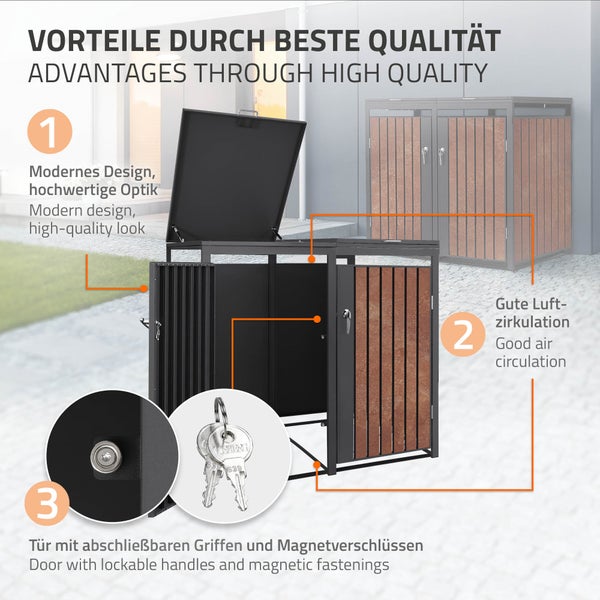 Mülltonnenbox aus Metall mit Paneelen in Holzoptik, klappbarem Deckel, abschließbaren Griffen, Magnetverschluss und guter Luftzirkulation.