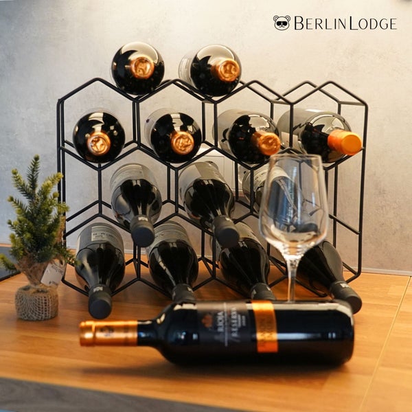 BERLINLODGE Weinregal MOSEL für 14 Flaschen aus Metall Klein Schwarz 30x44x14cm Flaschenregal Stehend Weinflaschenhalter Schmal für Keller Küche Kabinett Speisekammer