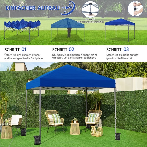 Blauer Faltpavillon mit Aufbauanleitung im Garten