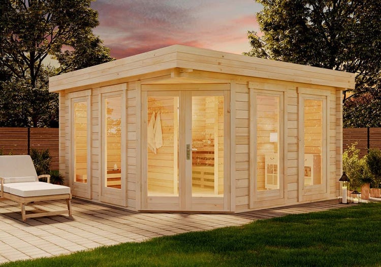 FinnTherm 5-Eck Saunahaus Magnus-70 Gartensauna 3 Sitzbänke aus Holz, Sauna mit 70 mm Wandstärke, Außensauna mit Montagematerial, Naturbelassen 4x4m