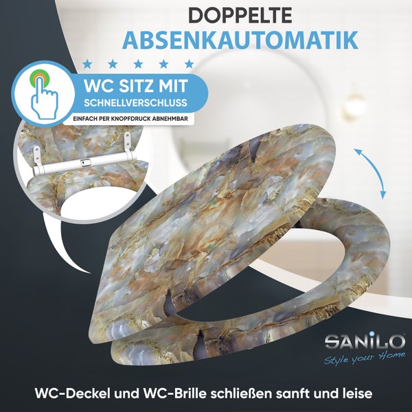 Sanilo WC-Sitz mit Steinmuster, doppelter Absenkautomatik und Schnellverschluss. Sanilo Logo.