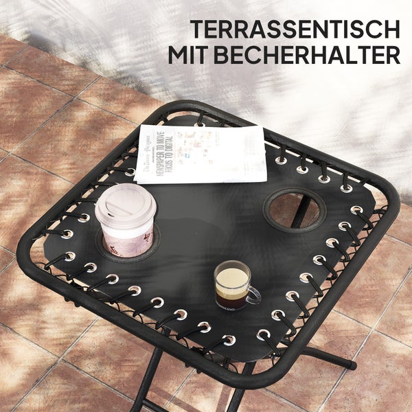 Outsunny Gartenliege Set 3-TLG. Klappbar Sonnenliege mit Teetisch 2 Stühle Kopfkissen, Outdoor Liege wetterfest Relaxliege Liegestuhl aus Metall Strandliege für Garten, Terrasse 90x56x110 cm Schwarz
