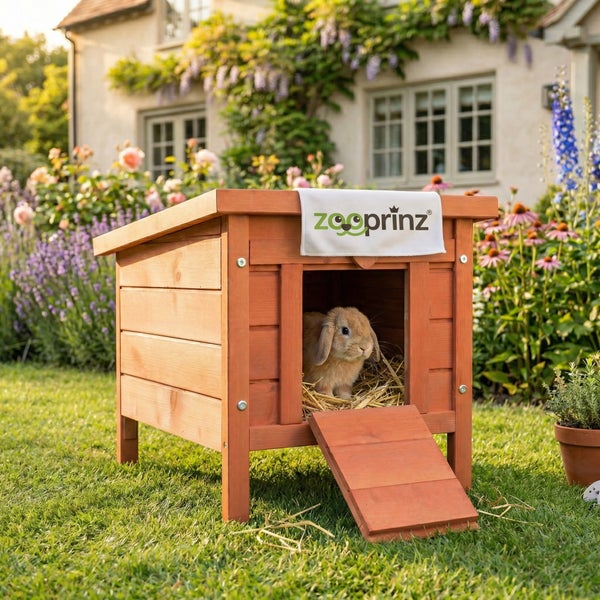 Kleintierstall aus Holz mit Rampe im hellen Garten, ein Kaninchen sitzt auf Heu im Inneren. Im Hintergrund Blumen und ein Haus. zooprinz Logo.