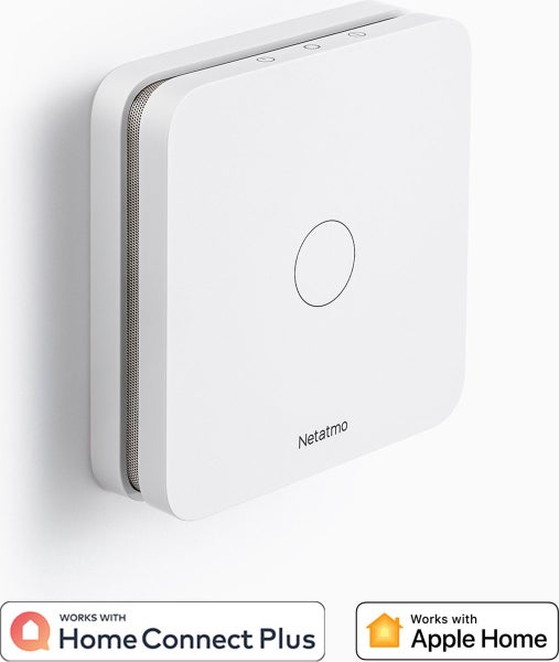 Netatmo Intelligente Innen-Sirene für die Wandmontage, kompatibel mit Home Connect Plus und Apple Home. Netatmo Logo.
