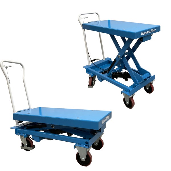 Mobiler Scherenhubtisch HanseLifter aus blauem Metall, dargestellt in eingefahrener und ausgefahrener Position.