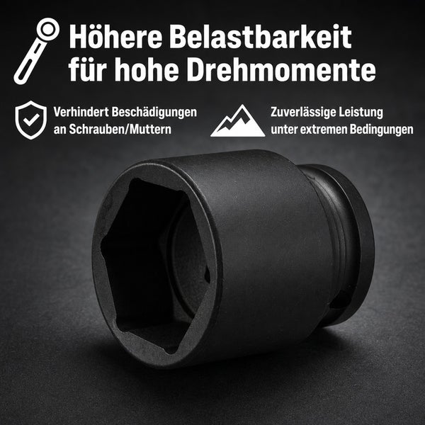 Kraftschrauber Nuss mit sechseckiger Aufnahme für hohe Drehmomente und zum Schutz von Schrauben und Muttern vor Beschädigungen.