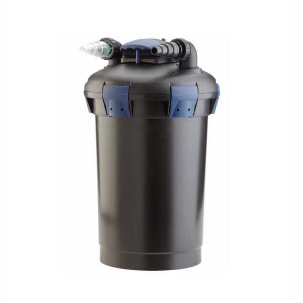Druckfilter für den Gartenteich aus schwarzem Kunststoff mit Schlauchanschlüssen und Deckelverschlüssen.