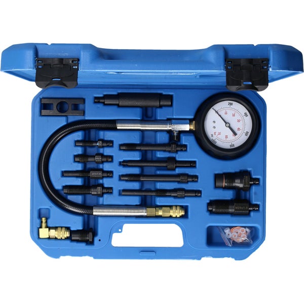Kompressionsdruckprüfer Set im blauen Koffer mit Manometer und Adaptern