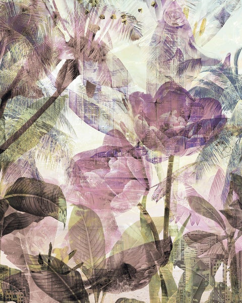 Abstraktes Wandbild mit Blumen, Palmen und Stadtansichten