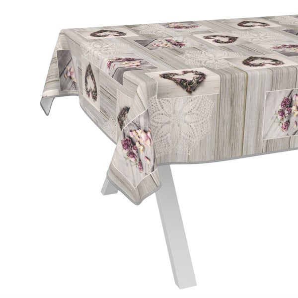 Tischdecke mit Herzmotiven und Holzmuster