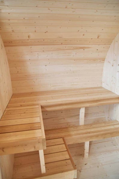 FinnTherm Saunahaus Oval Gartensauna 2 Sitzbänke aus Holz, Sauna mit 41 mm Wandstärke, Außensauna mit Montagematerial, Naturbelassen 4,2x2,4m