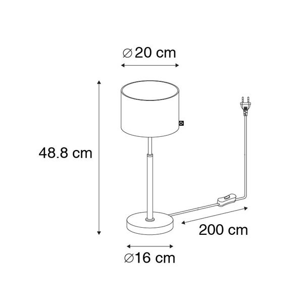 Technische Zeichnung einer Tischleuchte mit Maßen: Höhe 48,8 Zentimeter, Schirmdurchmesser 20 Zentimeter, Fußdurchmesser 16 Zentimeter, Kabellänge 200 Zentimeter.